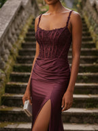 Elegant Beaded Corset Mermaid Long Prom Dress with Slit