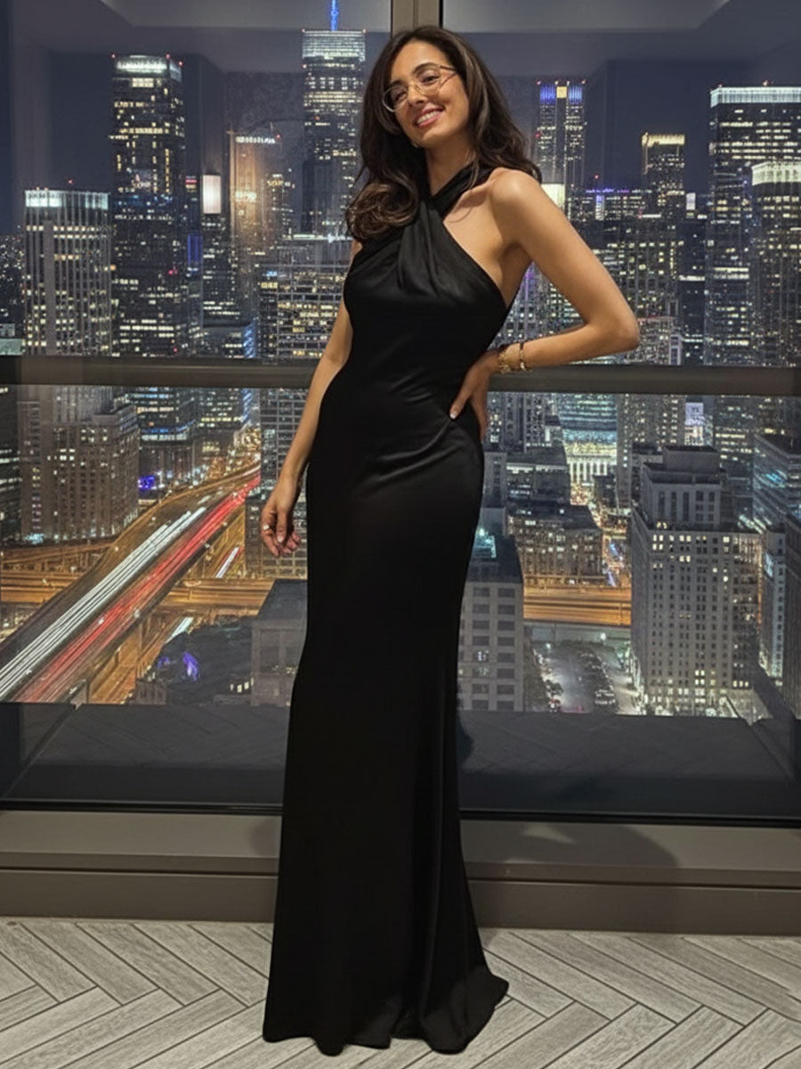 Elegantes Neckholder Satin formelles Maxikleid