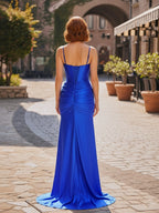 Elegant Ruched Bodice Satin Corset Prom Dress with Slit