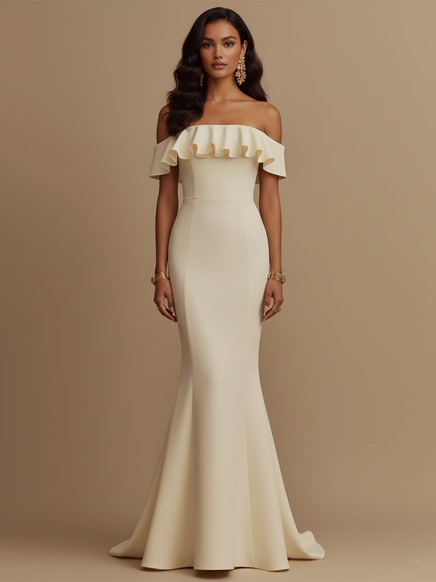 Elegante vestido formal ajustado y acampanado con volantes y escote off-the-shoulder
