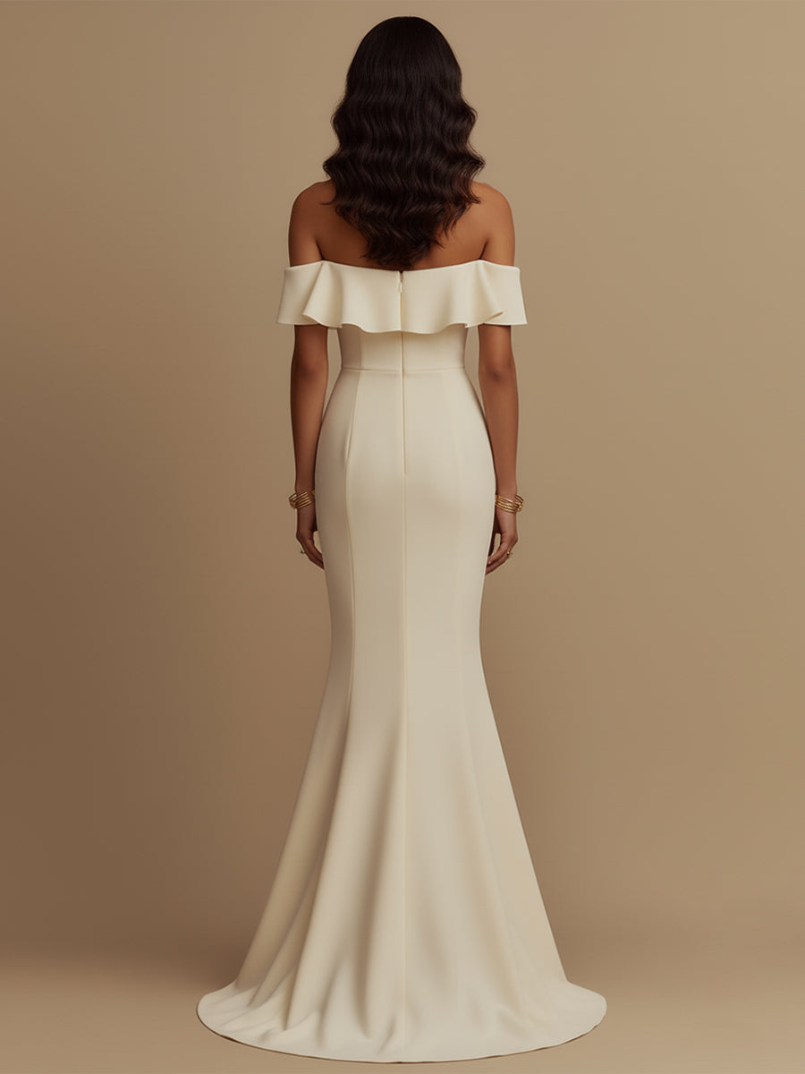 Elegante vestido formal ajustado y acampanado con volantes y escote off-the-shoulder