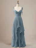 Elegant Dusty Blue A Line Spaghetti Straps Chiffon Long Bridesmaid Dress with Ruffles