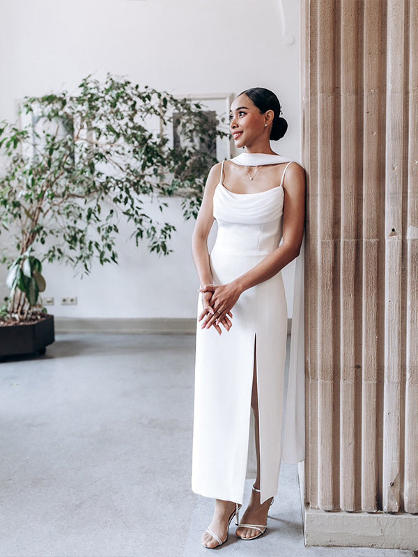 Elegant White Strapless Pleated Maxi Dress With Slit