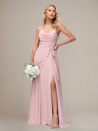 Robes de demoiselle d'honneur longues au sol en mousseline rose poussiéreux, ligne A, bretelles spaghetti, sans manches