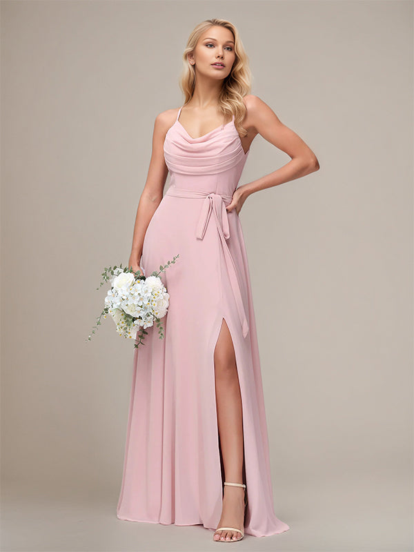 Robes de demoiselle d'honneur longues au sol en mousseline rose poussiéreux, ligne A, bretelles spaghetti, sans manches