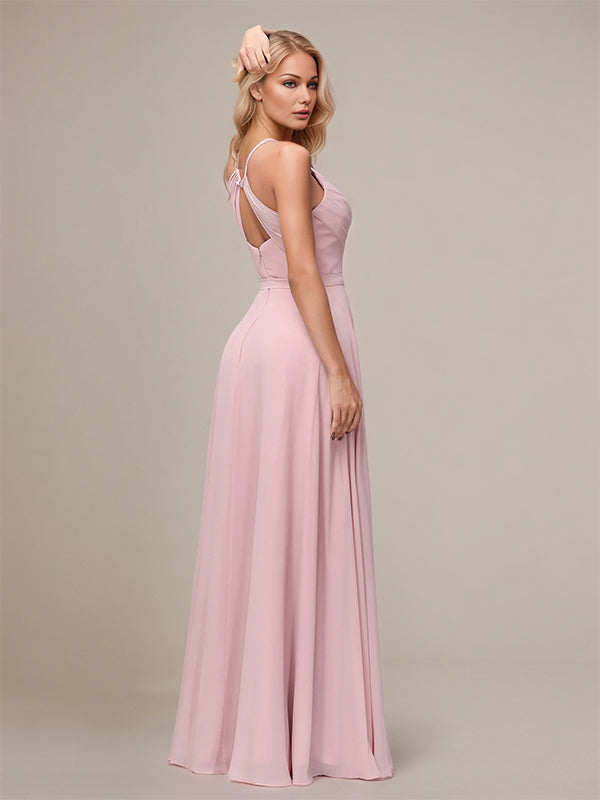 Robes de demoiselle d'honneur longues au sol en mousseline rose poussiéreux, ligne A, bretelles spaghetti, sans manches