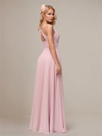 Robes de demoiselle d'honneur longues au sol en mousseline rose poussiéreux, ligne A, bretelles spaghetti, sans manches
