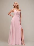 Robes de demoiselle d'honneur longues au sol en mousseline rose poussiéreux, ligne A, bretelles spaghetti, sans manches