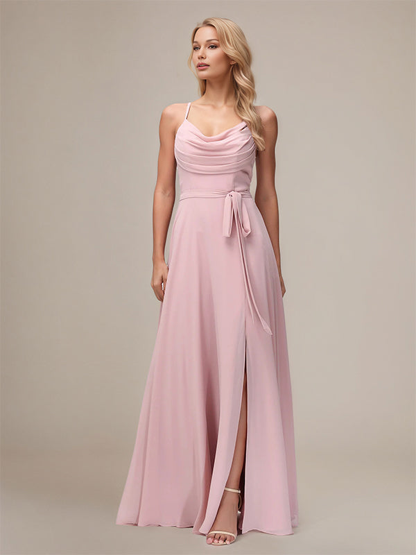 Robes de demoiselle d'honneur longues au sol en mousseline rose poussiéreux, ligne A, bretelles spaghetti, sans manches
