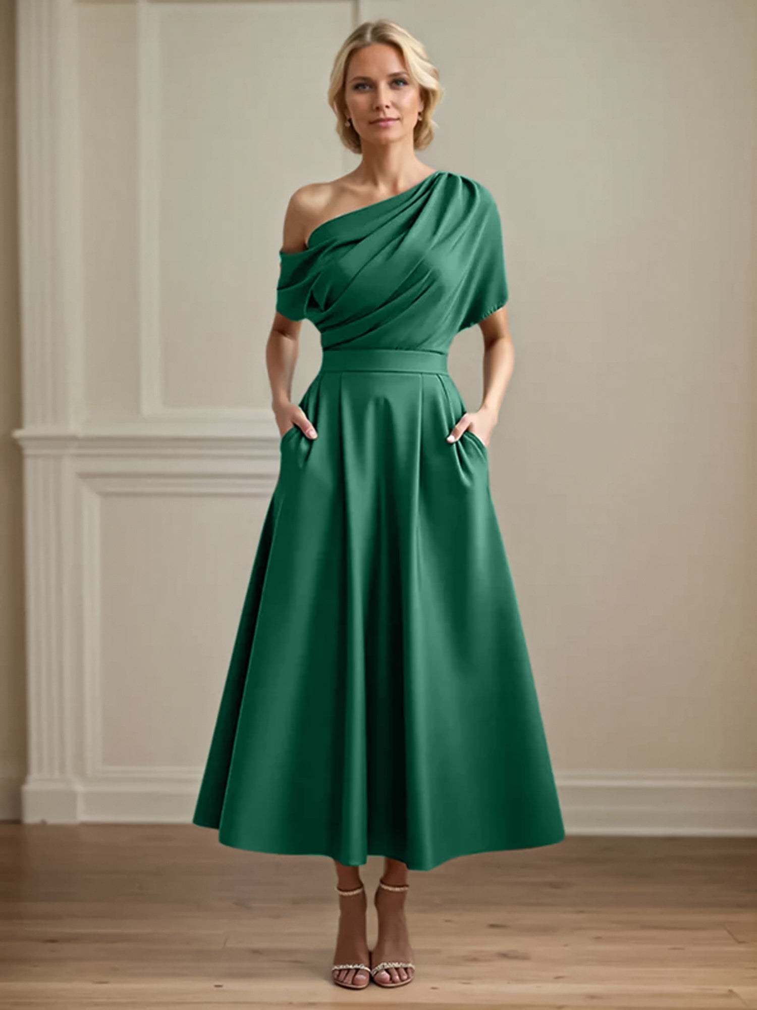 A Line Satin One Shoulder Pleated Ankle Length Mother of the Bride Dress