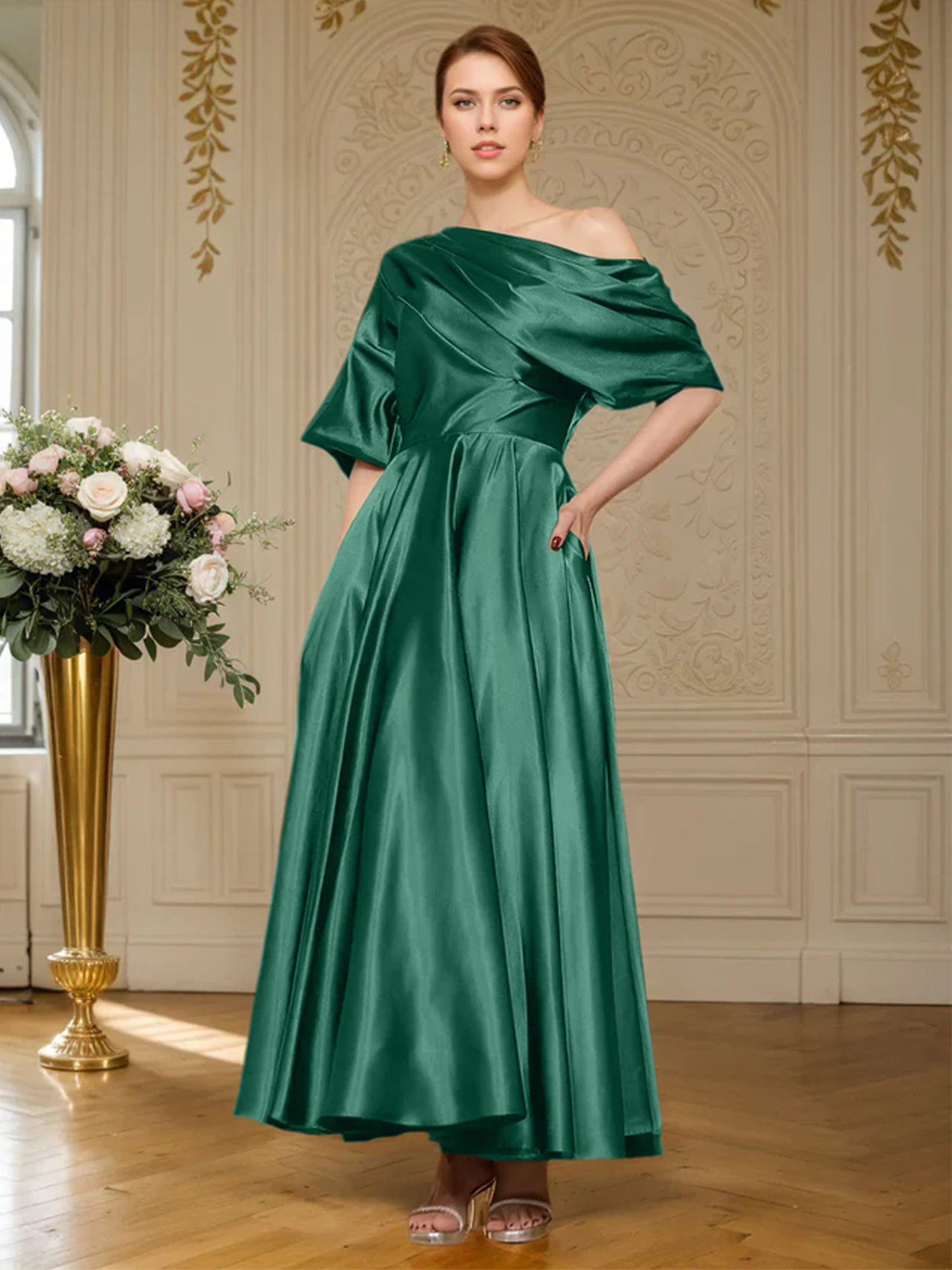 A-Linien Kurzarm plissiertes knöchellanges seidenähnliches Satin Kleid für die Brautmutter