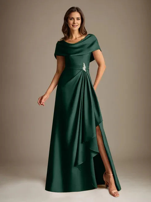 A-Linien-Kleid mit Rundhalsausschnitt, bodenlang, aus Stretch-Satin, Brautmutterkleid mit fallenden Rüschen