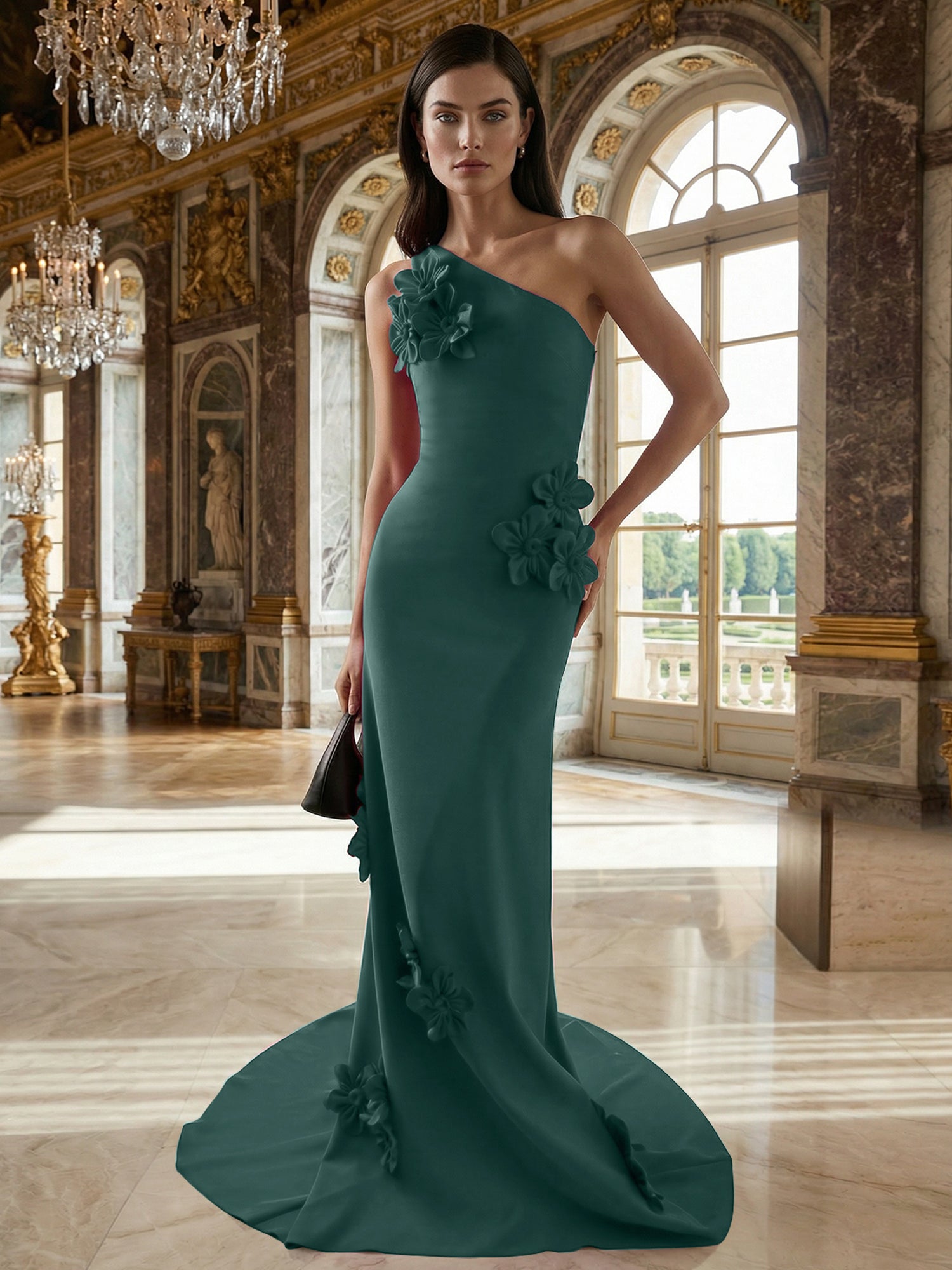 A Line One Shoulder Sleeveless Floor Length Stretch Crepe Dress With 3D Flowers