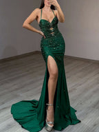 Emerald Green Front Cutouts Sequin Prom Dress with Slit