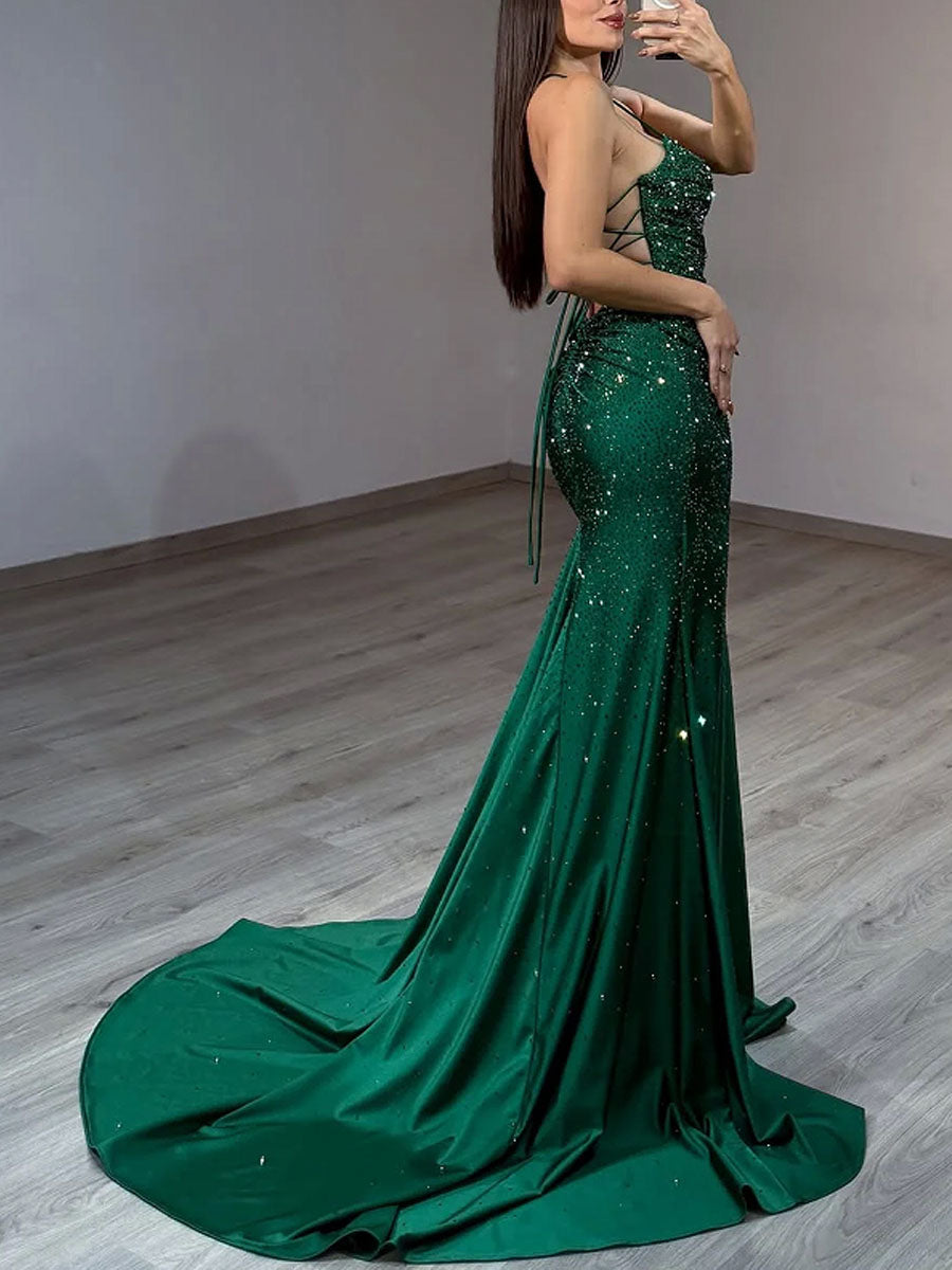 Emerald Green Front Cutouts Sequin Prom Dress with Slit