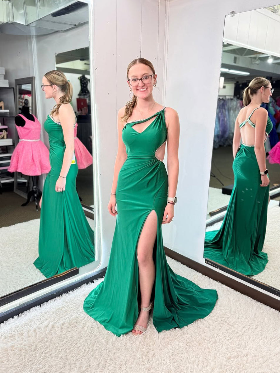 Emerald Green One-Shoulder Cutout Prom Dress with Rhinestone Trim