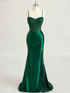 Emerald Green Ruched Waist Satin Corset Prom Dress with Sheer Lace Side Panel