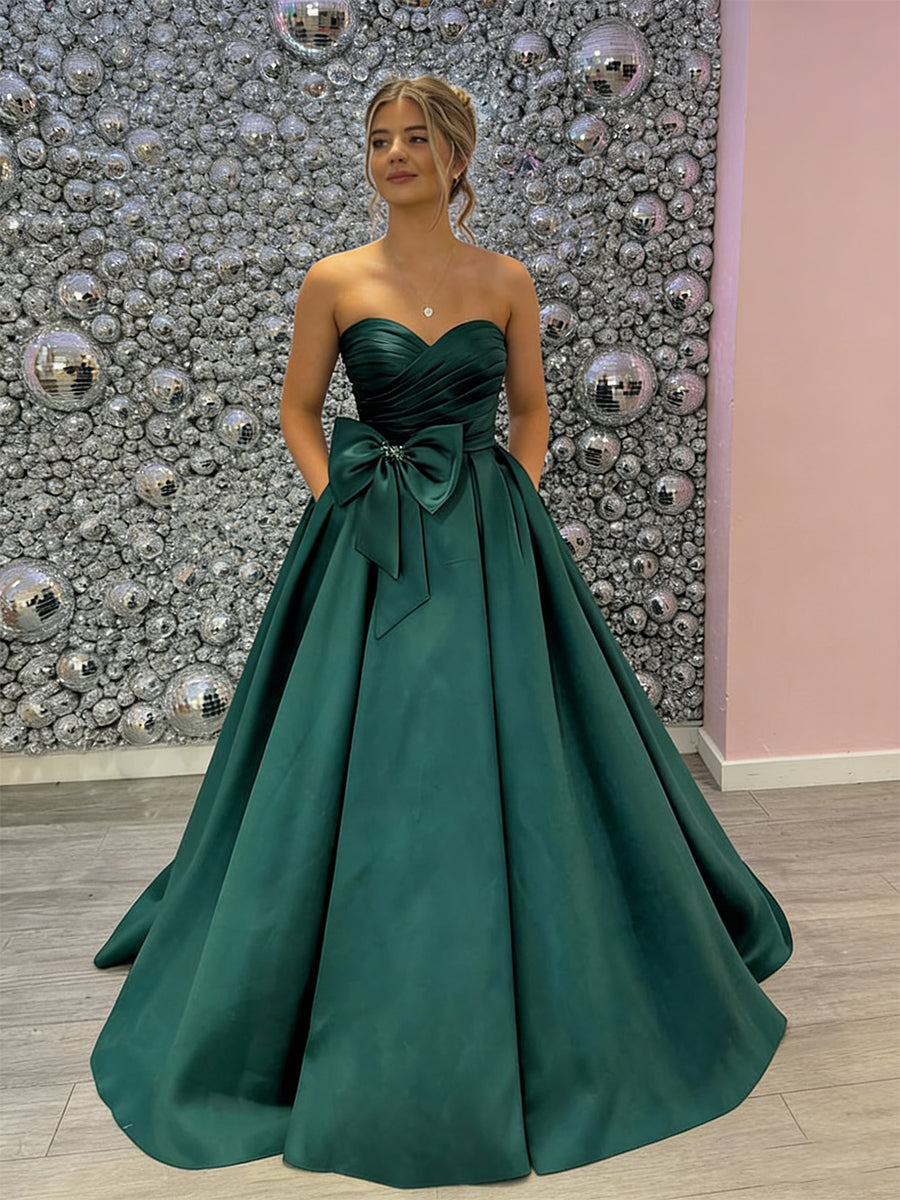 Robe de bal bustier en satin vert émeraude avec grand nœud