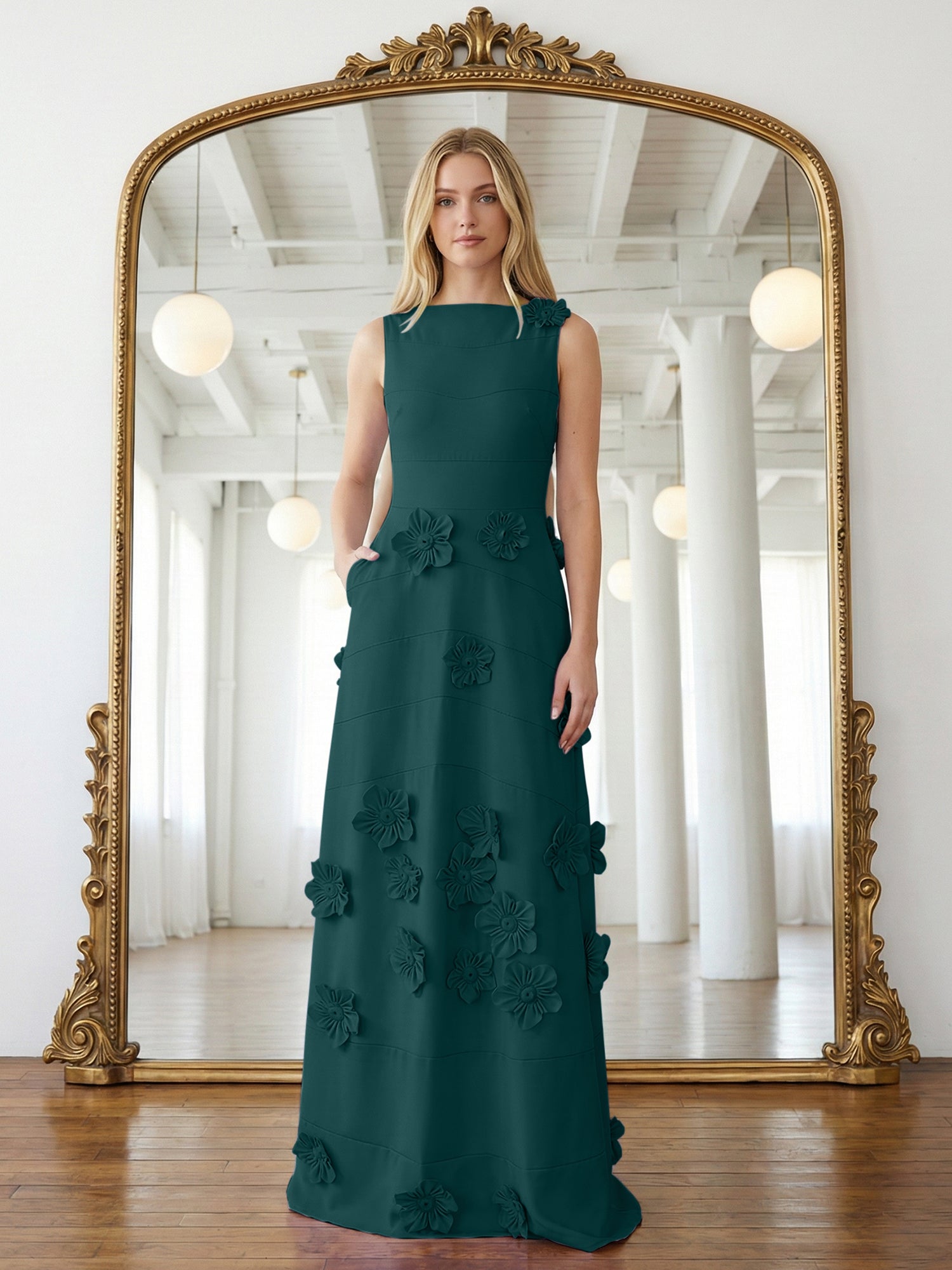 Lavendelfarbenes formelles Kleid mit U-Boot-Ausschnitt und herabfließenden 3D-Blumen