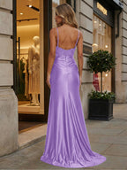 Emerald Green Beaded Corset Satin Long Prom Dress with Slit