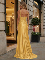 Emerald Green Beaded Corset Satin Long Prom Dress with Slit