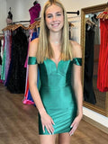 Emerald Green Off the Shoulder Bodycon Satin Short Homecoming Dress