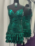 Emerald Green Twist Knot Ruched Metallic Ruffle Short Homecoming Dress