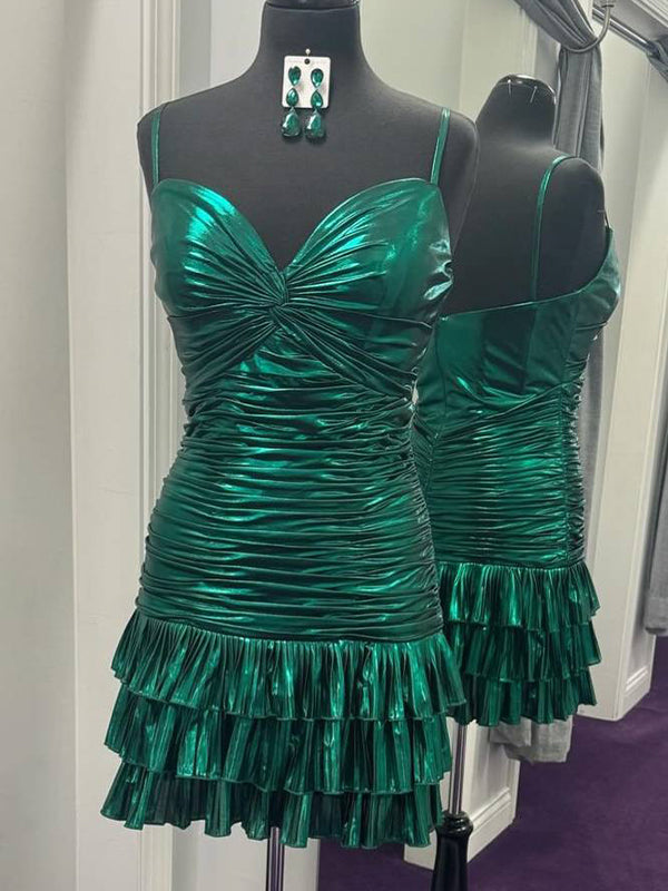 Emerald Green Twist Knot Ruched Metallic Ruffle Short Homecoming Dress