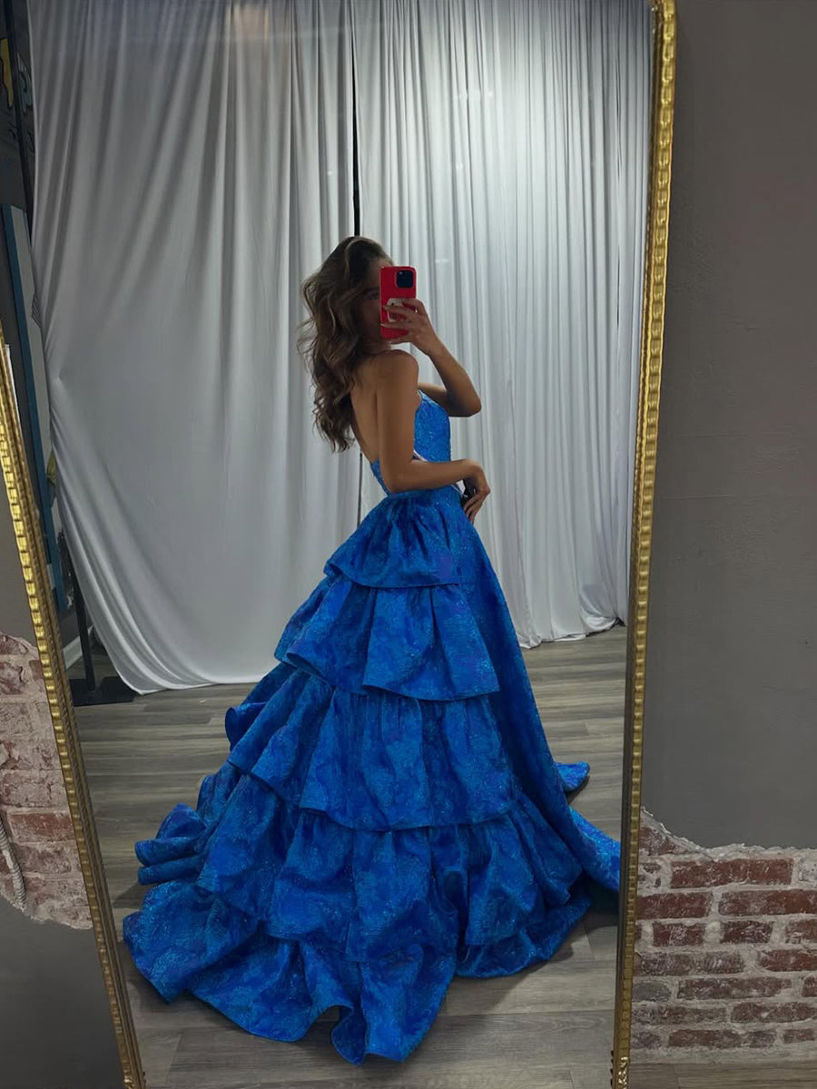 Ethereal Dark Blue Glitter Tulle Prom Dress with Floral Embroidery