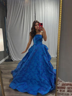 Ethereal Dark Blue Glitter Tulle Prom Dress with Floral Embroidery