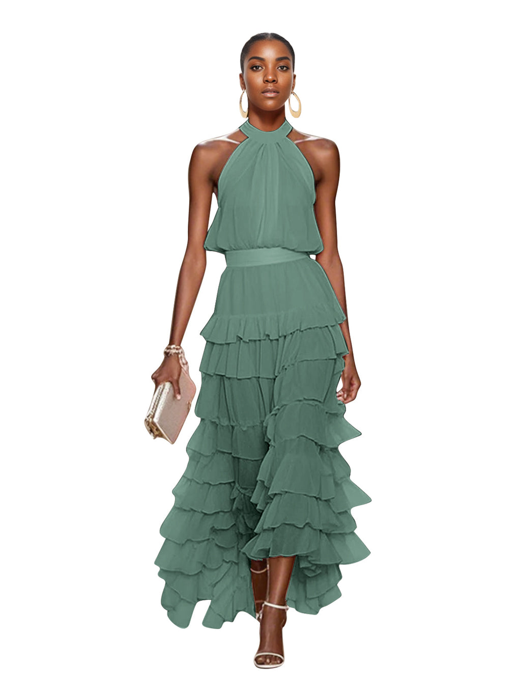 A Line Pink Chiffon Halter Neck Sleeveless Ankle Length Dress With Cascading Ruffles