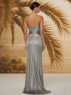 Evening Formal Dress V Neck Silk Ruffles Strapless Maxi Dress