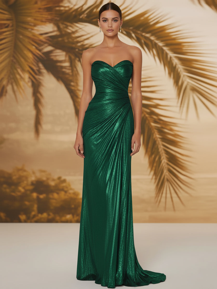 Evening Formal Dress V Neck Silk Ruffles Strapless Maxi Dress