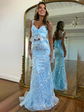 Light Blue Mermaid Straps Sequined  Long Prom Dress with Appliques