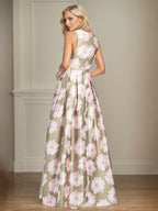Vestido A-line rosa com decote em V e estampa floral para mãe da noiva