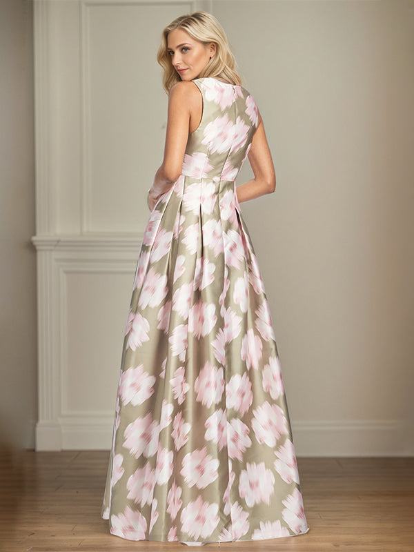 Vestido A-line rosa com decote em V e estampa floral para mãe da noiva