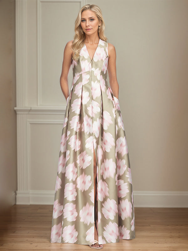 Vestido A-line rosa com decote em V e estampa floral para mãe da noiva