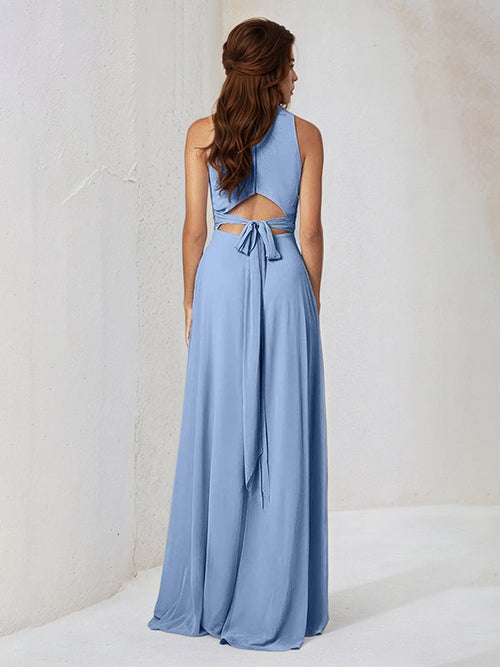 A Line Chiffon A Line Scoop Neck Sleeveless Floor Length Bridesmaid Dress