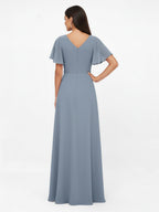 Flutter Sleeves Chiffon V Neck Maxi Dresses with Sash Bow