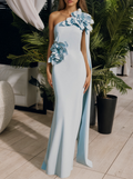Himmelblaues, einseitiges formelles Kleid mit Applikationsblumen