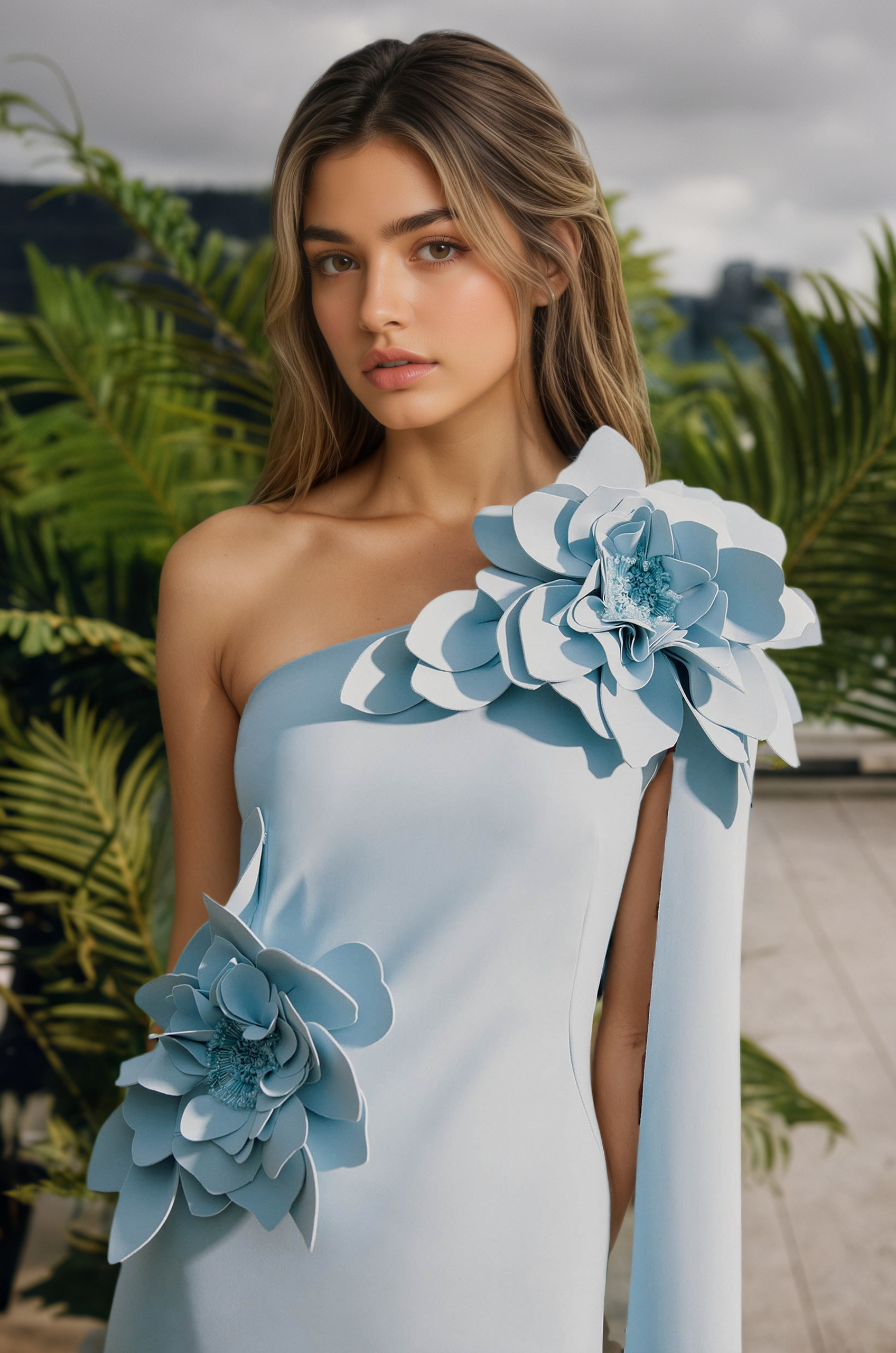 Himmelblaues, einseitiges formelles Kleid mit Applikationsblumen