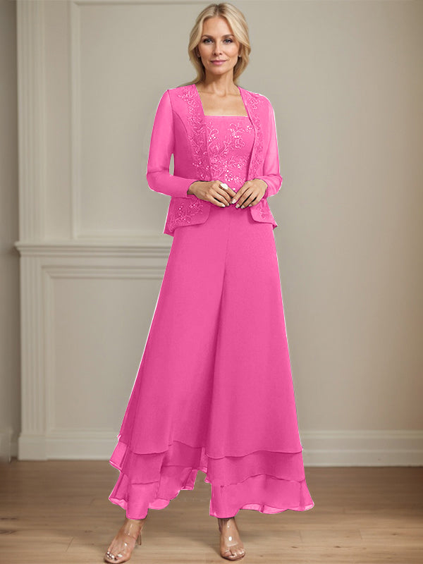 Zweiteiler Jumpsuit/Hosenanzug quadratisch knöchellang Spitze Chiffon Brautmutterkleid mit Pailletten