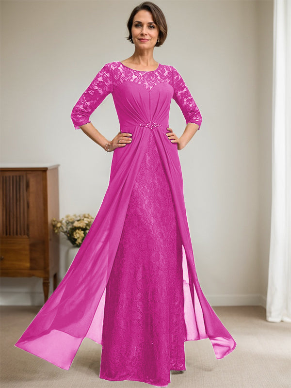 A-Linien Rundhalsausschnitt Illusions-Bodenlanges Spitzen-Chiffonkleid für die Brautmutter mit Perlen und Volants