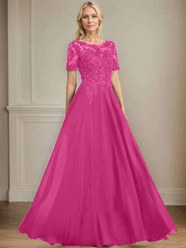 A-Linien Rundhals Illusions-Bodenlanges Chiffon-Spitzenkleid für die Mutter der Braut mit Pailletten und Perlen