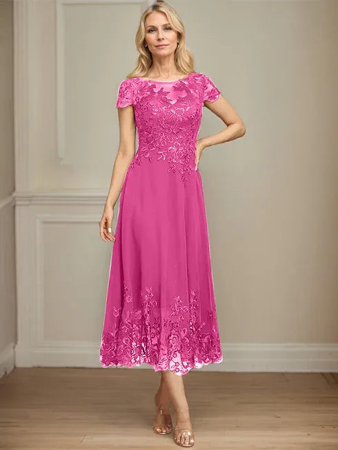 A-Linien Illusions Rundhals tea-langes Spitzenchiffon Mutter der Braut Kleid mit Pailletten