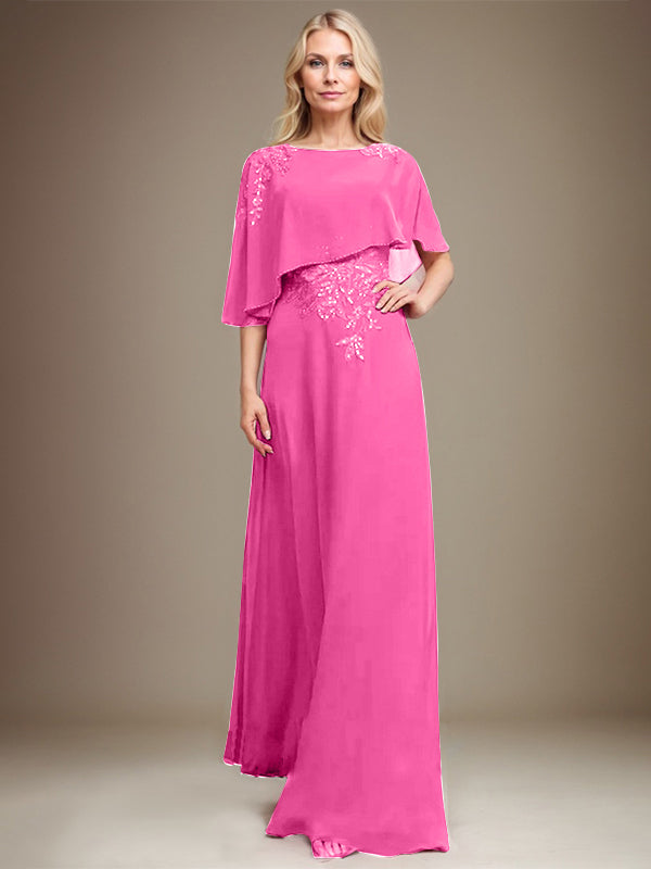 A-Linie Rundhals Bodenlanges Chiffon-Spitzenkleid für die Brautmutter mit Pailletten und Perlen
