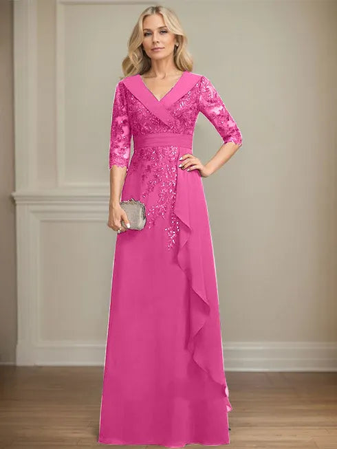 A-Linien Kleid mit Kragen, V-Ausschnitt, bodenlang, aus Spitze und Chiffon, Mutter der Braut Kleid mit Pailletten und fallenden Rüschen