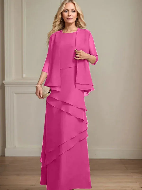 Abito da madre della sposa in chiffon a colonna con scollatura a U e lunghezza fino a terra