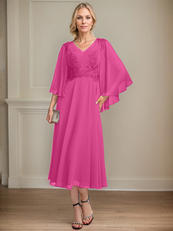 A-Linien-Brautmutterkleid aus Chiffon, V-Ausschnitt, tea-length mit Spitze, Pailletten und Perlen
