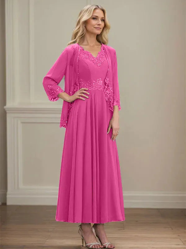 A-Linien Kleid mit V-Ausschnitt, knöchellang, aus Chiffon, Mutter der Braut Kleid mit Pailletten, Applikationen, Spitze und Perlenbesatz